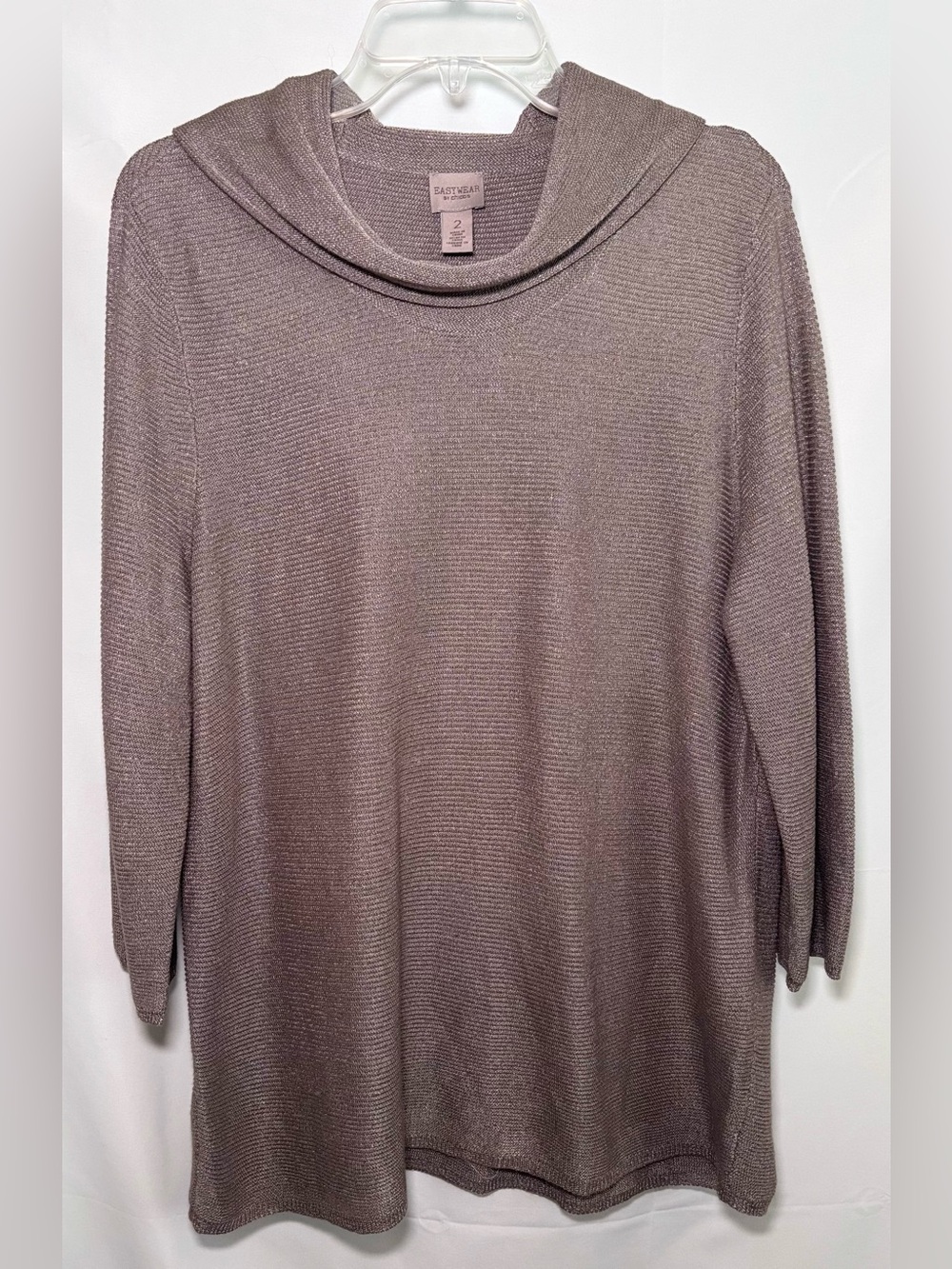 Chico’s Shimmer Metallic Ribbed Knit Cowl Neck Top with 3/4 Sleeves